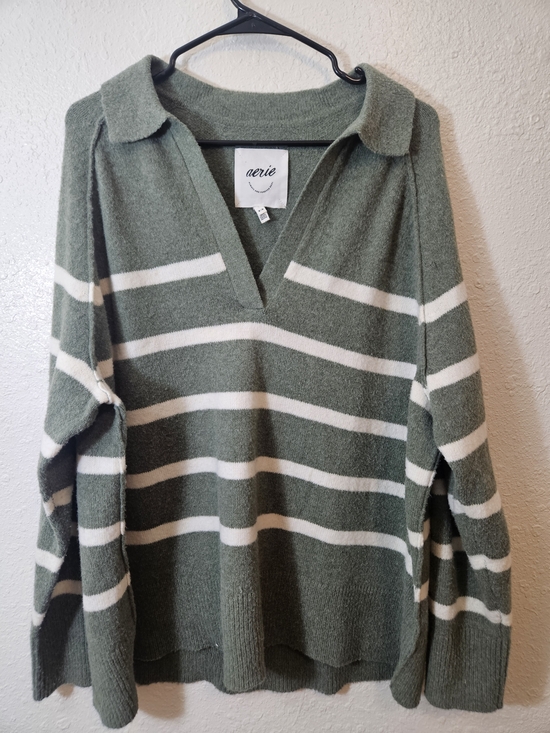 aerie Sweaters - Aerie Olive & White Striped Collared V-Neck Sweater Oversized Fit Medium
